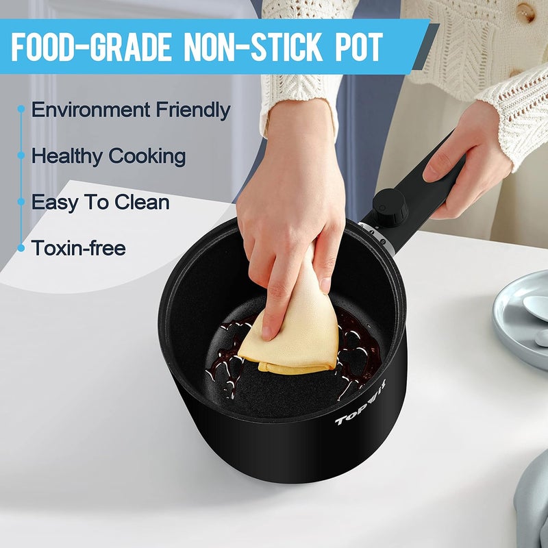 TopWit Hot Pot Electric, 1.5L Ramen Cooker, Portable Non-Stick Frying Pan, Electric Pot for Pasta, Steak, BPA Free, Electric Cooker with Dual Power Control, Over-Heating & Boil Dry Protection, Black - Image 5